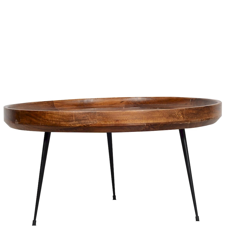 Round Brown Mango Wood Coffee Table with Black Metal Legs