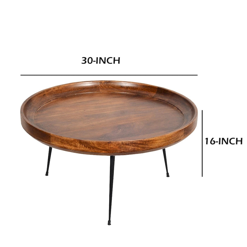 Round Brown Mango Wood Coffee Table with Black Metal Legs