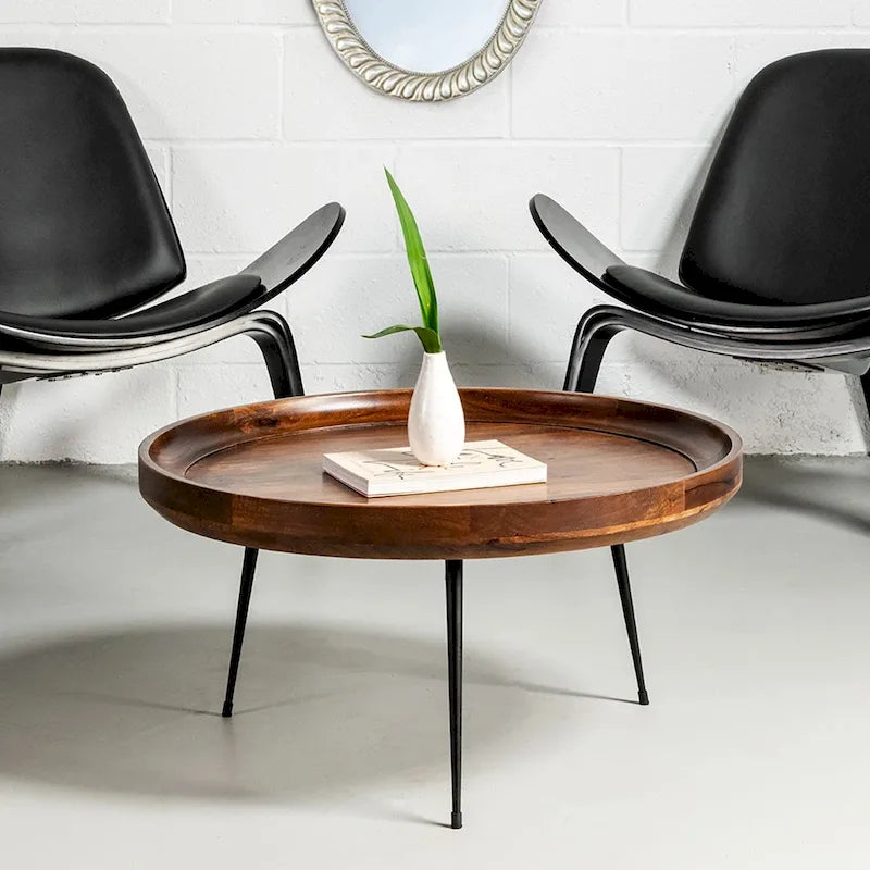 Round Brown Mango Wood Coffee Table with Black Metal Legs
