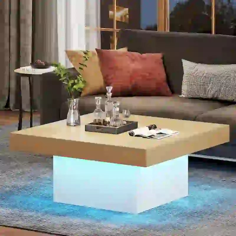 Rustic Square LED Coffee Table with Woodgrain Top and Pedestal