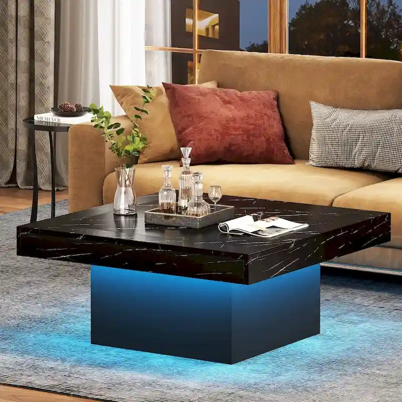 Rustic Square LED Coffee Table with Woodgrain Top and Pedestal