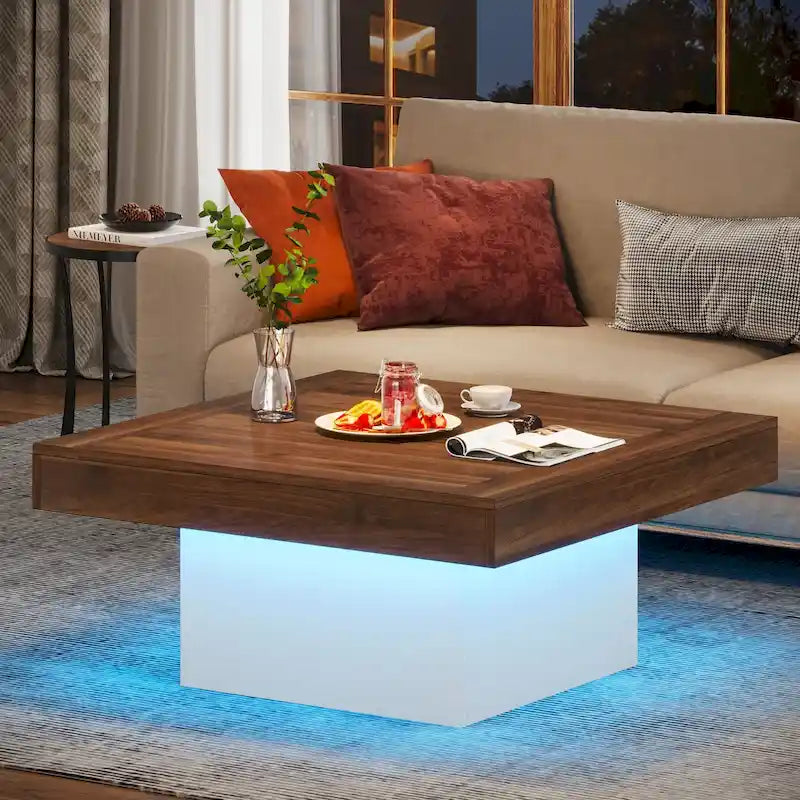 Rustic Square LED Coffee Table with Woodgrain Top and Pedestal