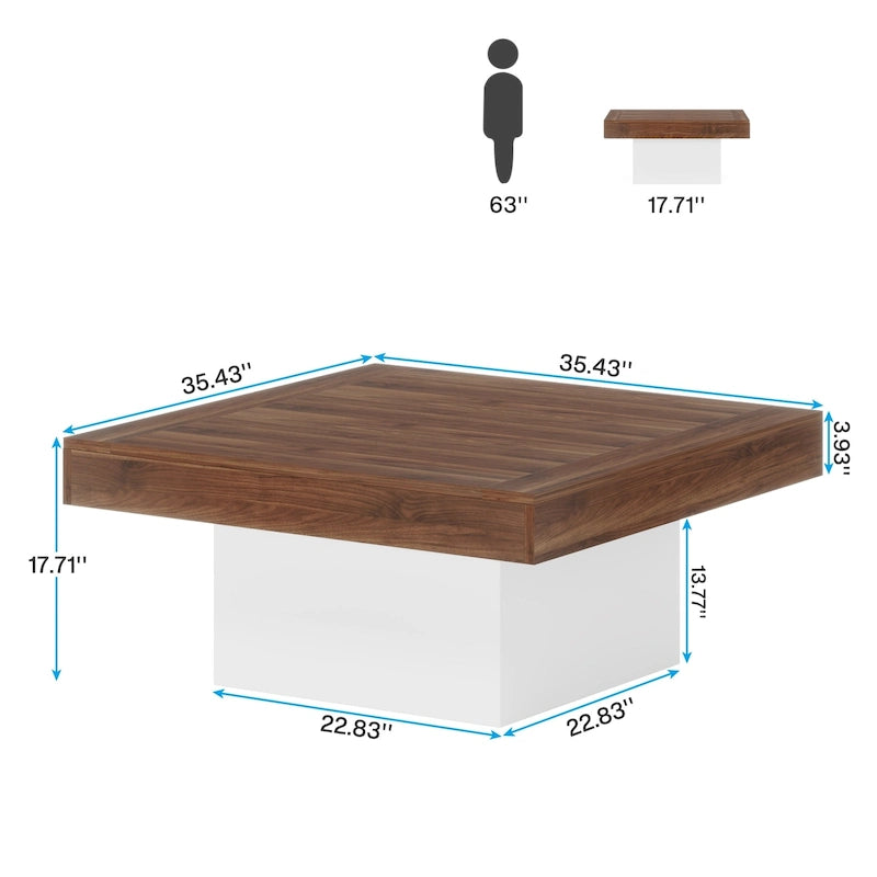 Rustic Square LED Coffee Table with Woodgrain Top and Pedestal
