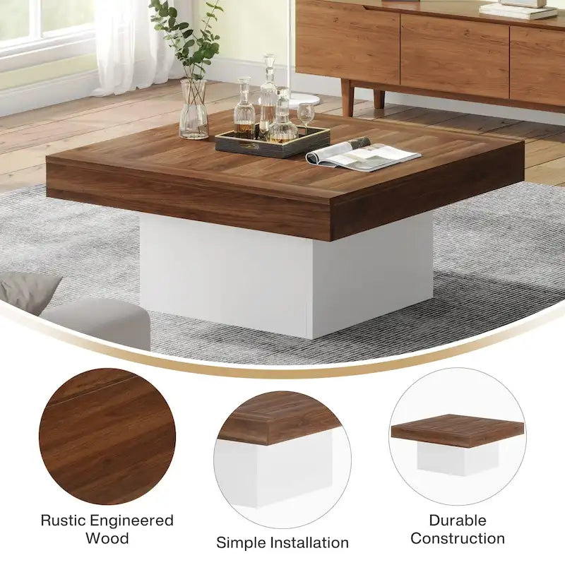 Rustic Square LED Coffee Table with Woodgrain Top and Pedestal