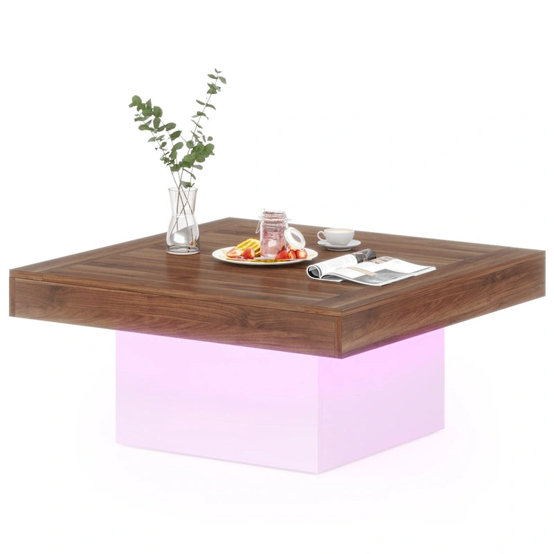 Rustic Square LED Coffee Table with Woodgrain Top and Pedestal