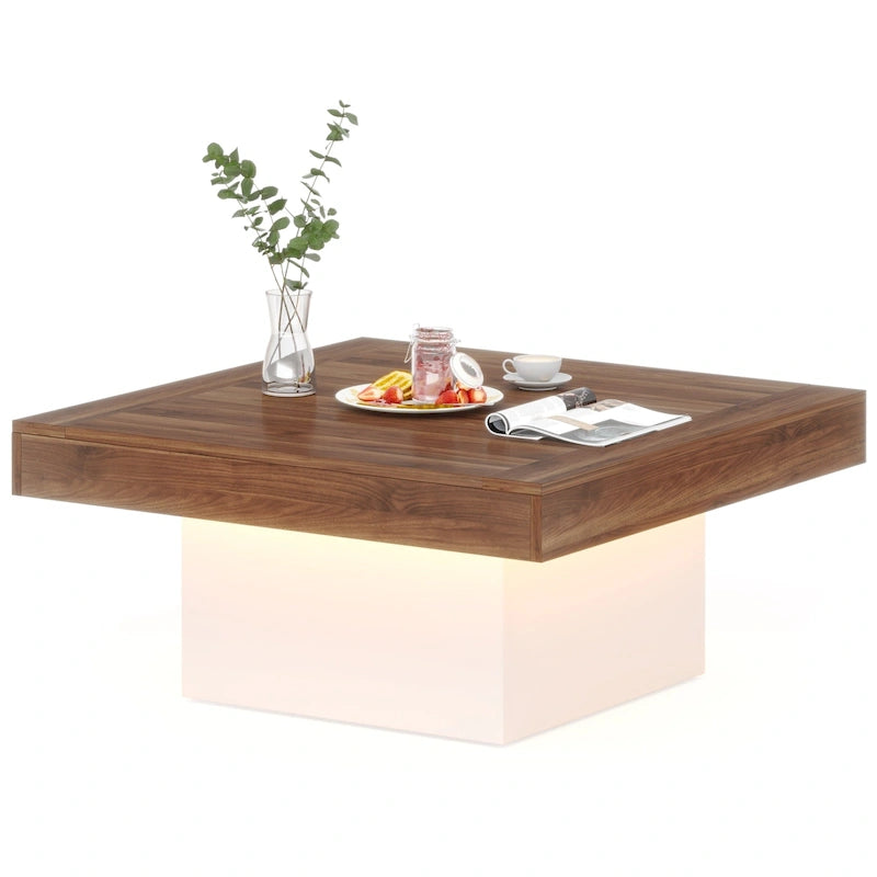 Rustic Square LED Coffee Table with Woodgrain Top and Pedestal