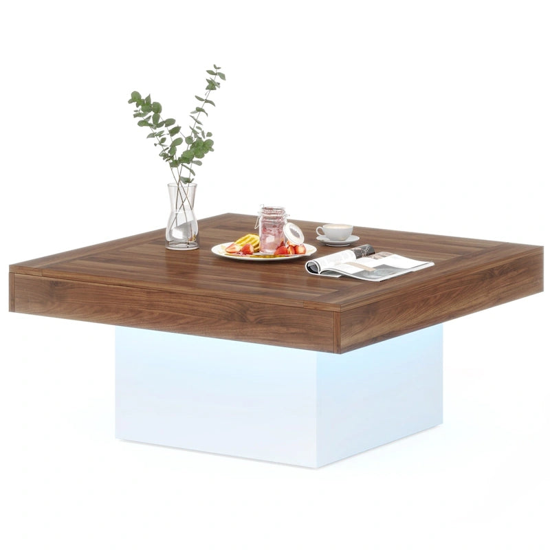 Rustic Square LED Coffee Table with Woodgrain Top and Pedestal
