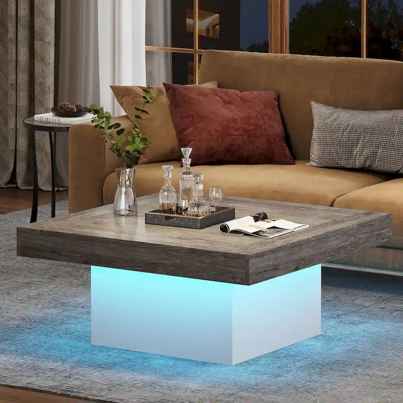 Rustic Square LED Coffee Table with Woodgrain Top and Pedestal