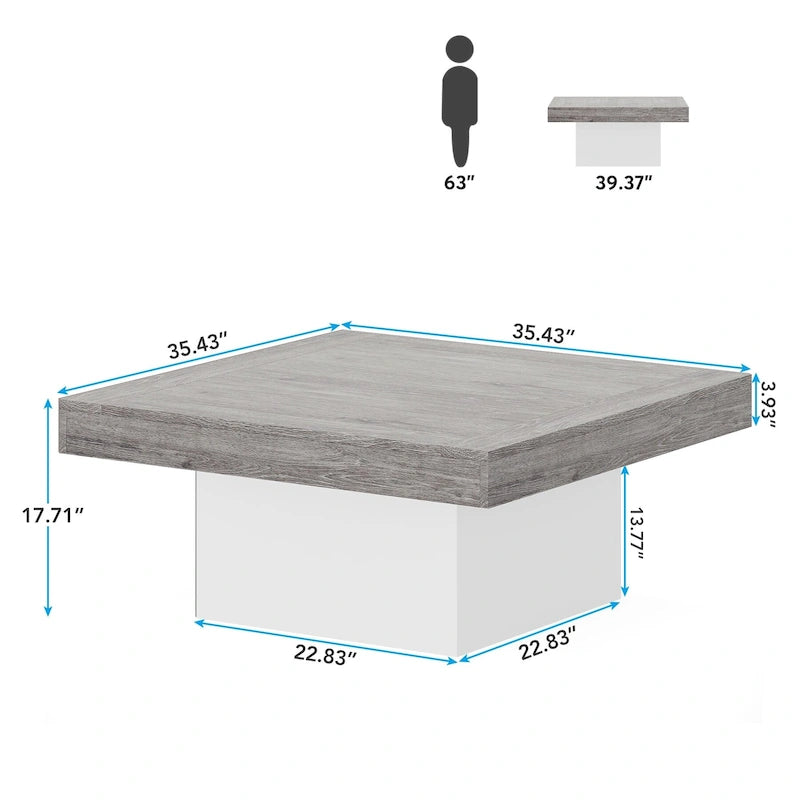 Rustic Square LED Coffee Table with Woodgrain Top and Pedestal