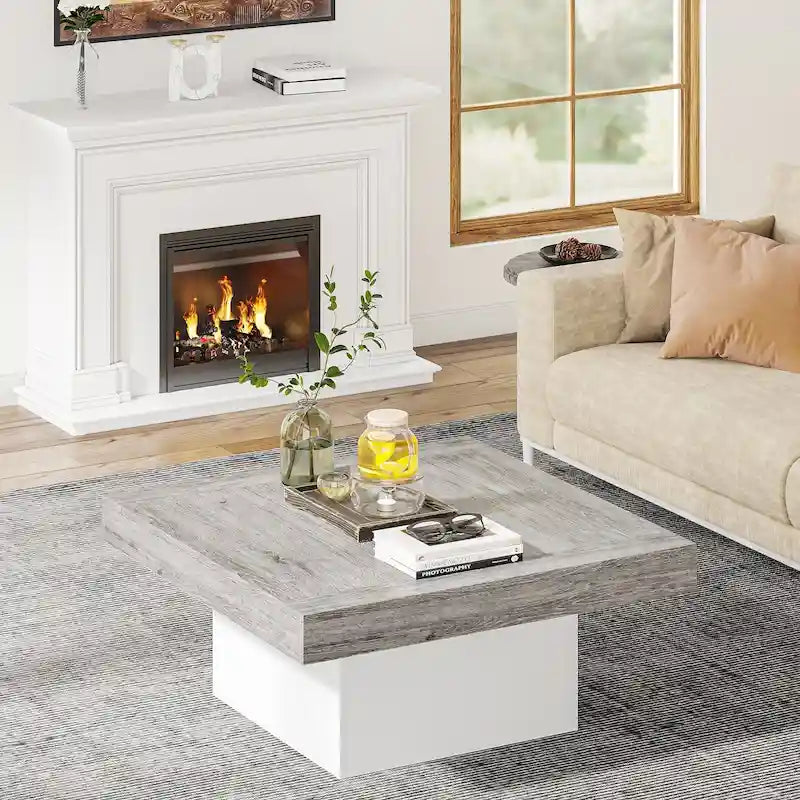 Rustic Square LED Coffee Table with Woodgrain Top and Pedestal