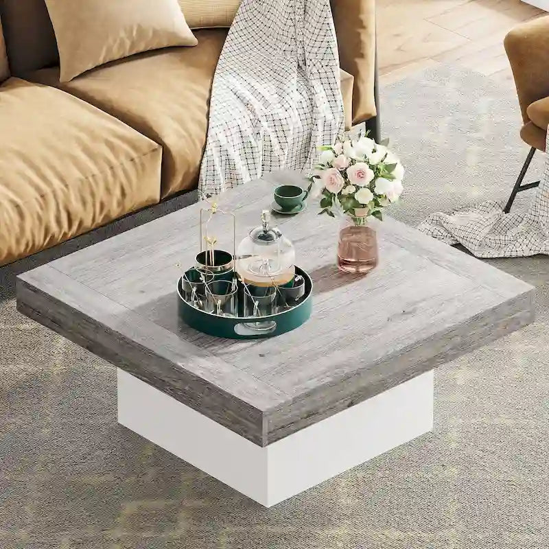Rustic Square LED Coffee Table with Woodgrain Top and Pedestal