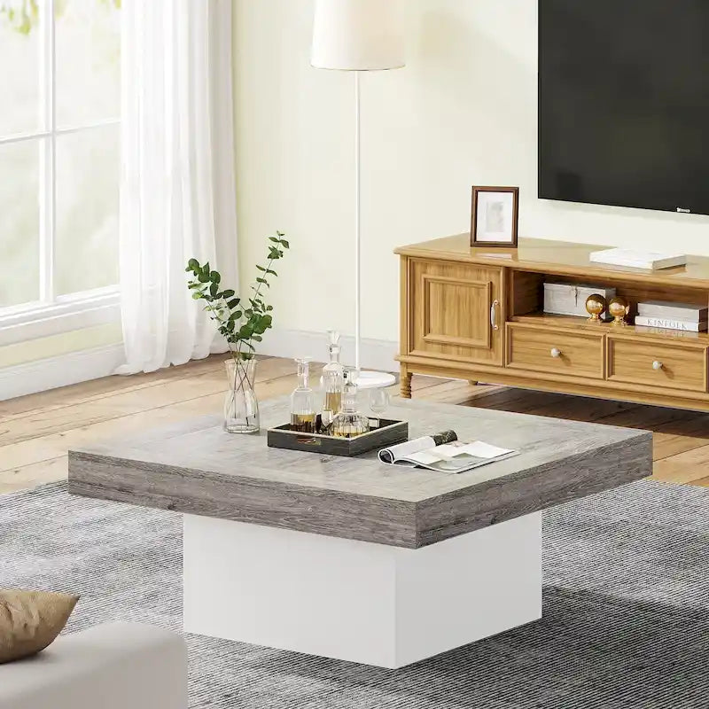 Rustic Square LED Coffee Table with Woodgrain Top and Pedestal