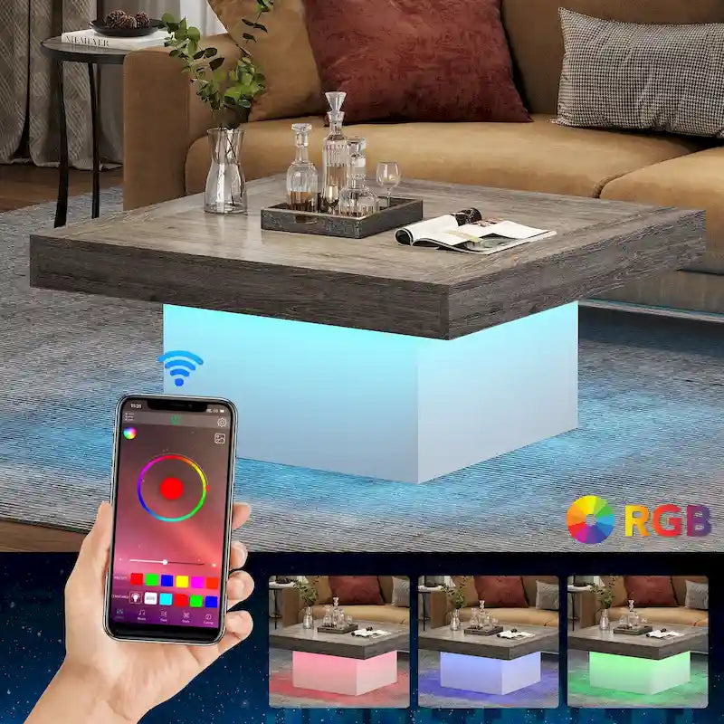 Rustic Square LED Coffee Table with Woodgrain Top and Pedestal
