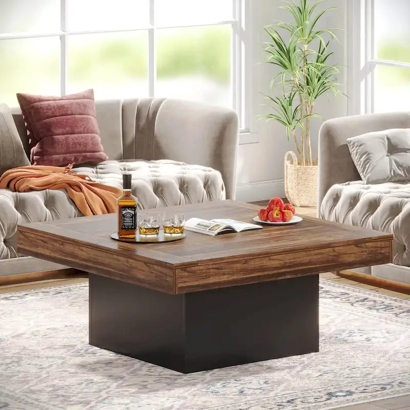 Rustic Square LED Coffee Table with Woodgrain Top and Pedestal