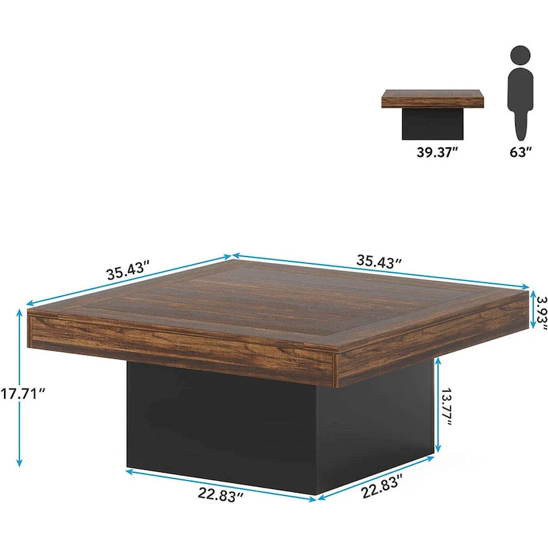 Rustic Square LED Coffee Table with Woodgrain Top and Pedestal
