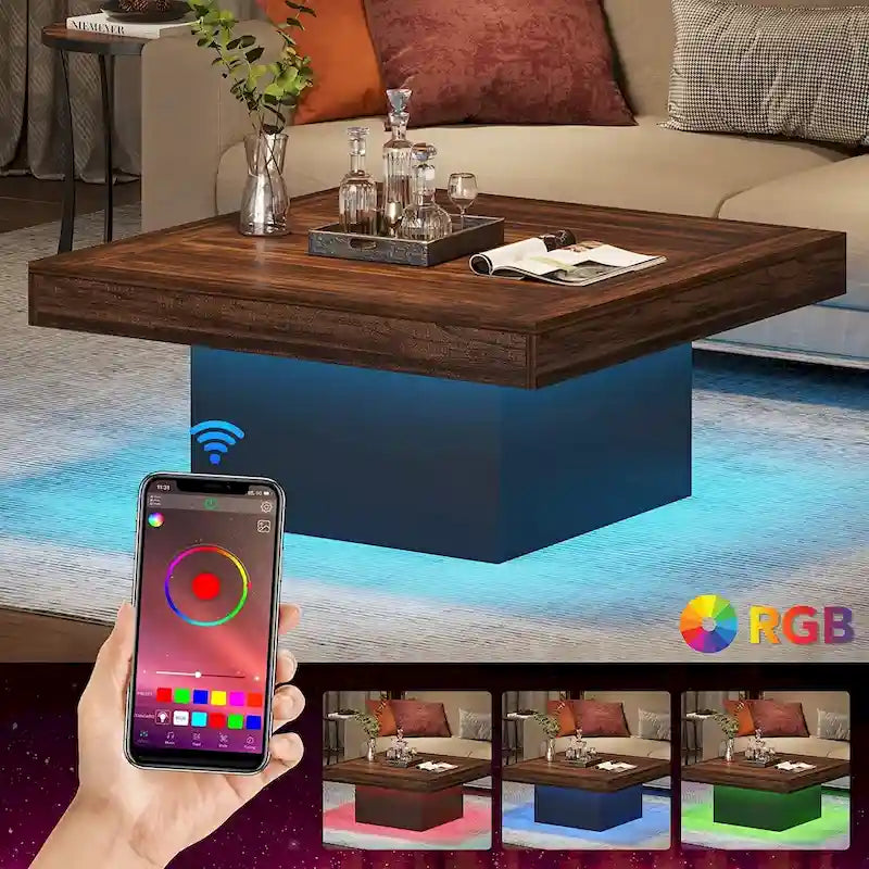 Rustic Square LED Coffee Table with Woodgrain Top and Pedestal