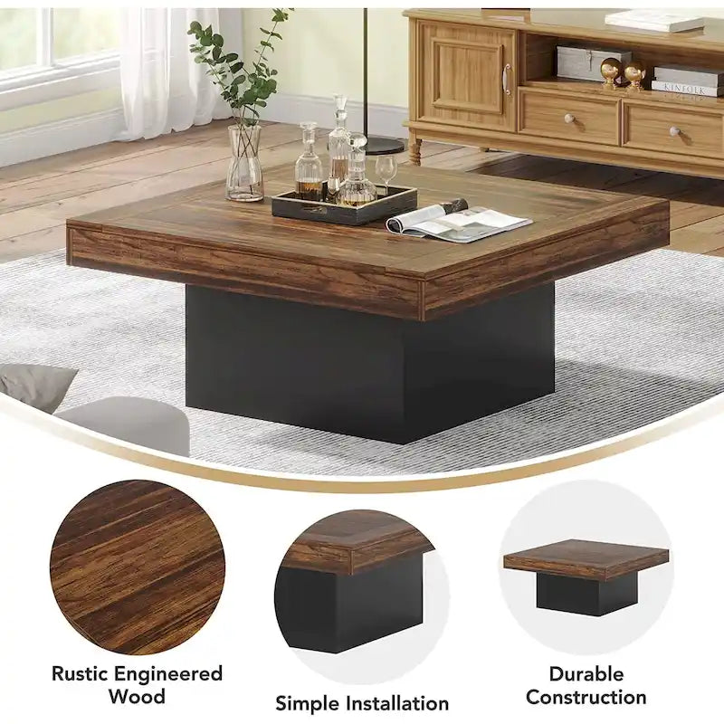 Rustic Square LED Coffee Table with Woodgrain Top and Pedestal
