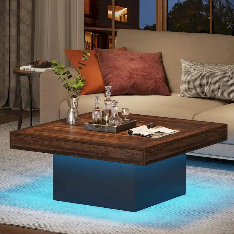 Rustic Square LED Coffee Table with Woodgrain Top and Pedestal