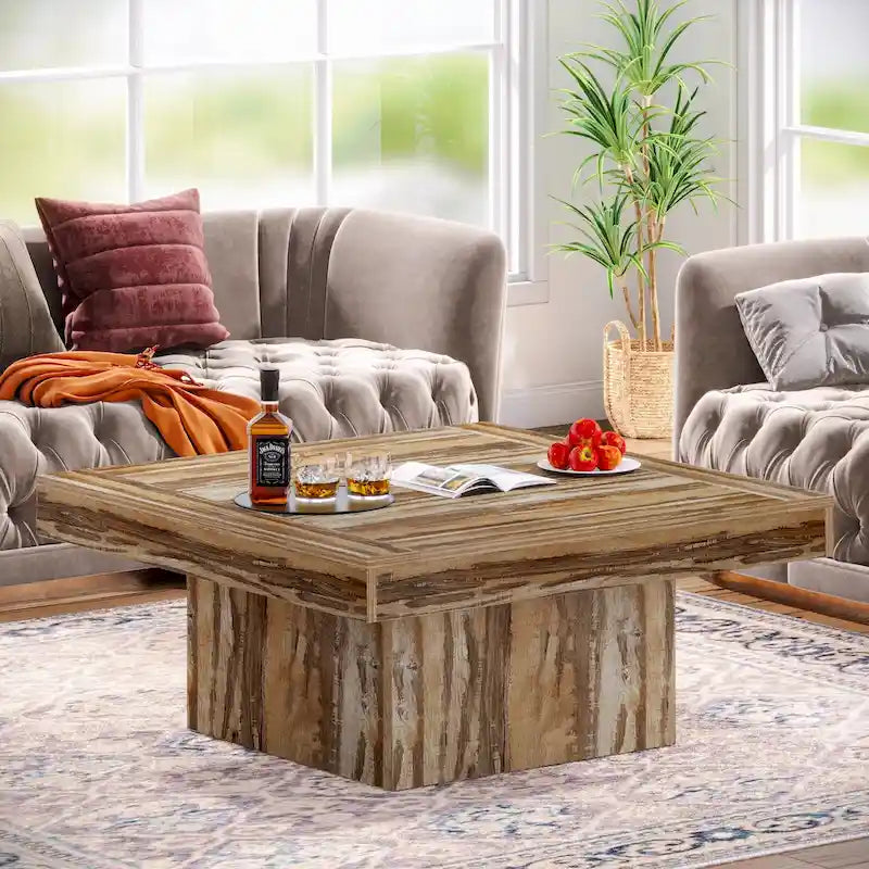 Rustic Square LED Coffee Table with Woodgrain Top and Pedestal