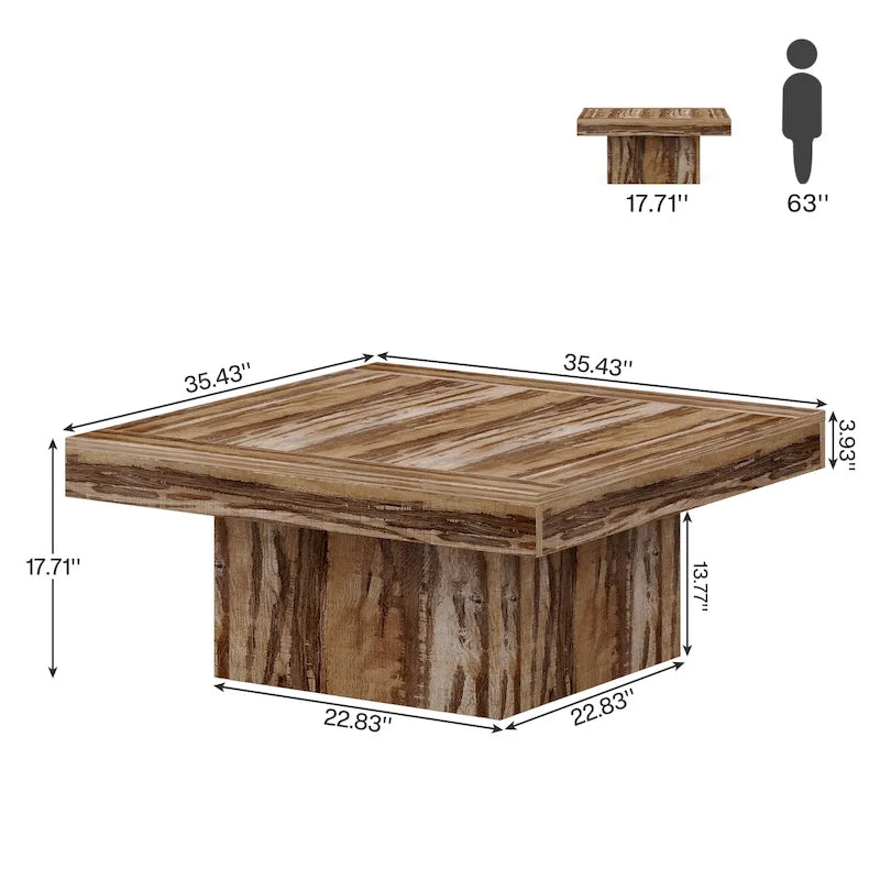 Rustic Square LED Coffee Table with Woodgrain Top and Pedestal