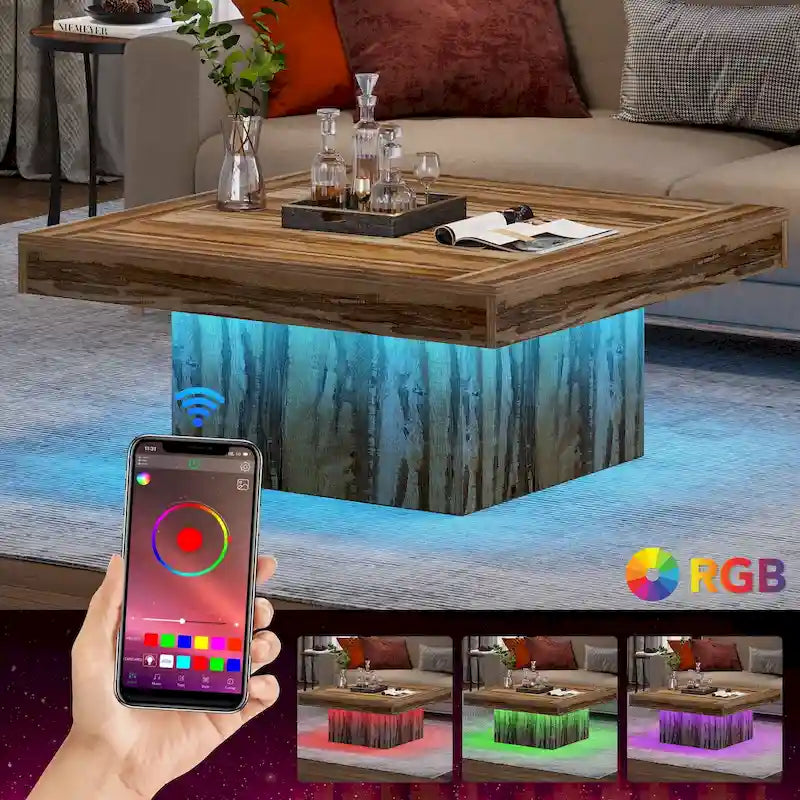 Rustic Square LED Coffee Table with Woodgrain Top and Pedestal