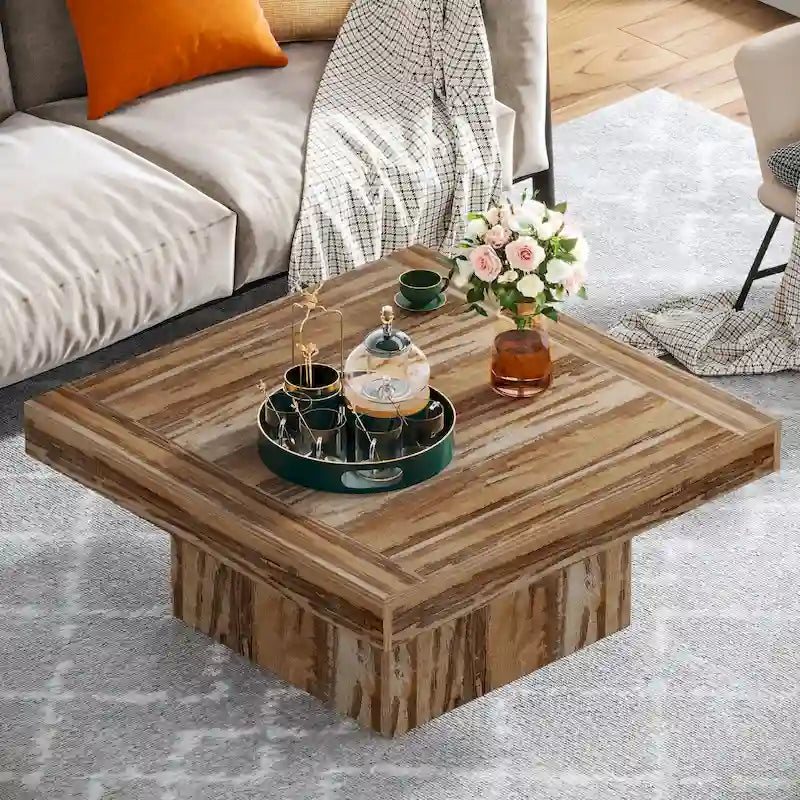 Rustic Square LED Coffee Table with Woodgrain Top and Pedestal