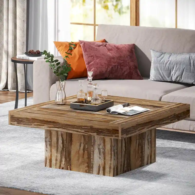 Rustic Square LED Coffee Table with Woodgrain Top and Pedestal