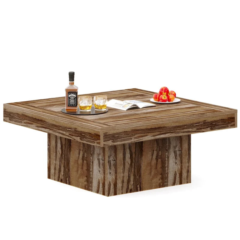 Rustic Square LED Coffee Table with Woodgrain Top and Pedestal