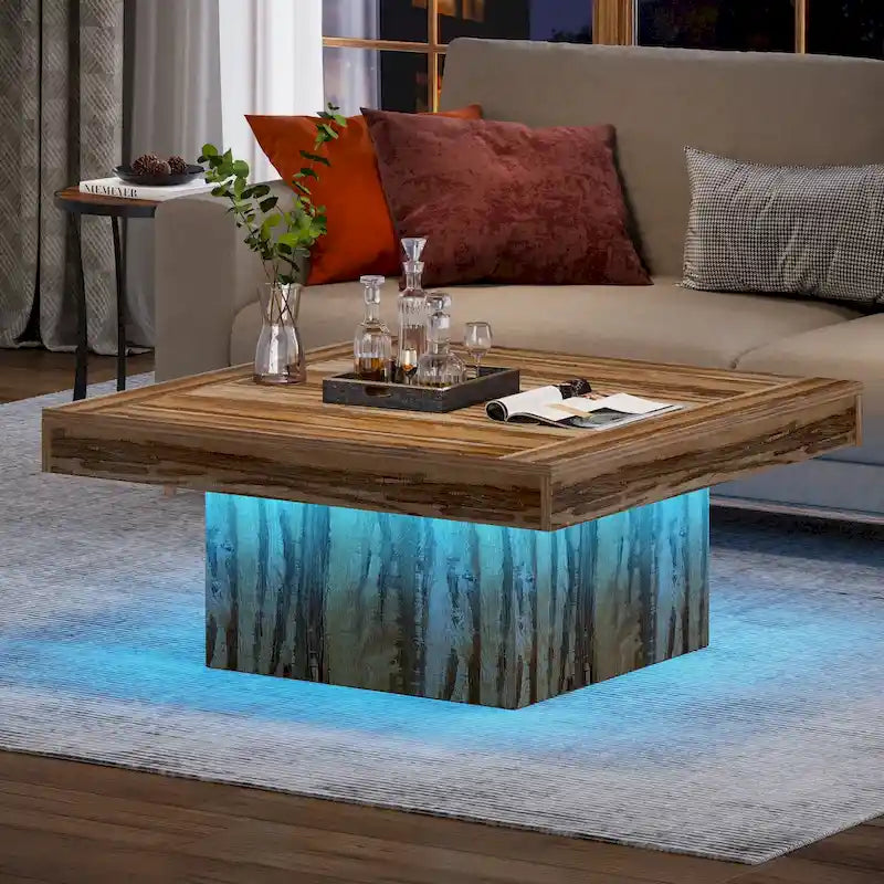 Rustic Square LED Coffee Table with Woodgrain Top and Pedestal