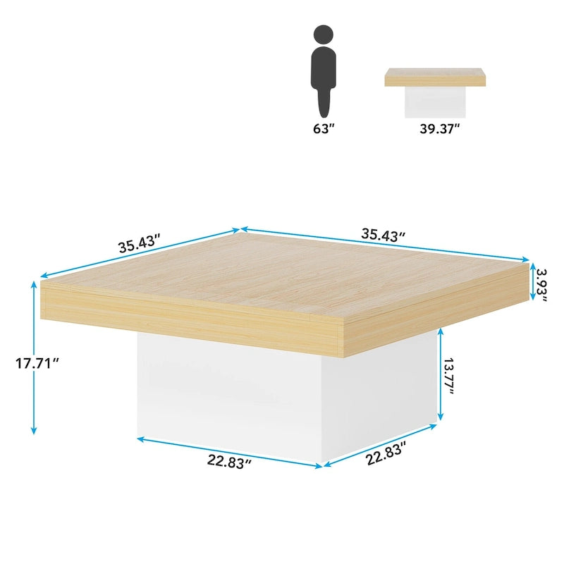 Rustic Square LED Coffee Table with Woodgrain Top and Pedestal