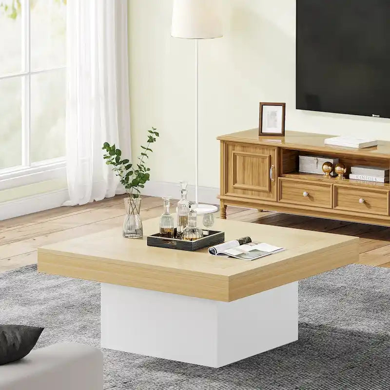 Rustic Square LED Coffee Table with Woodgrain Top and Pedestal