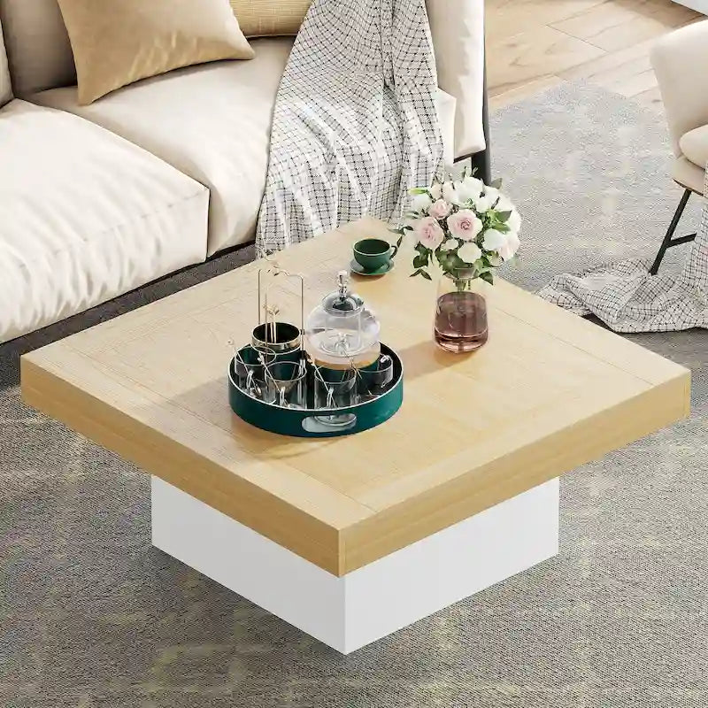 Rustic Square LED Coffee Table with Woodgrain Top and Pedestal