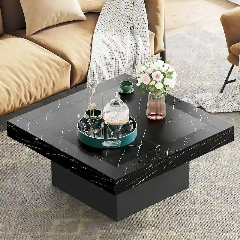 Rustic Square LED Coffee Table with Woodgrain Top and Pedestal