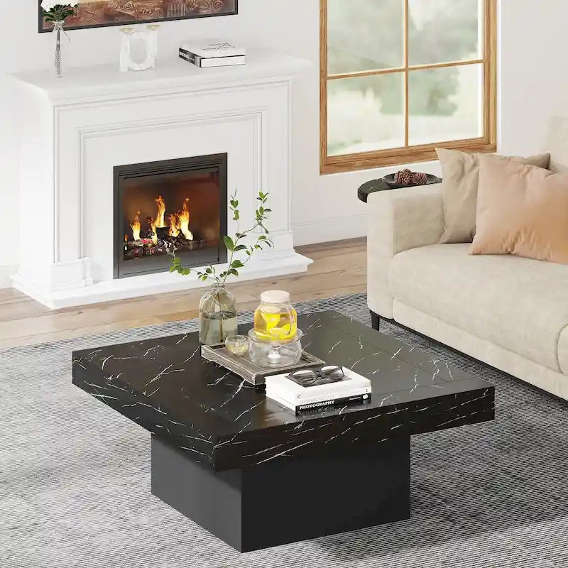 Rustic Square LED Coffee Table with Woodgrain Top and Pedestal