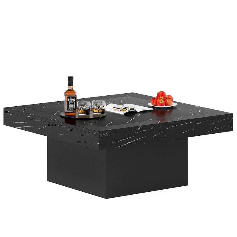 Rustic Square LED Coffee Table with Woodgrain Top and Pedestal