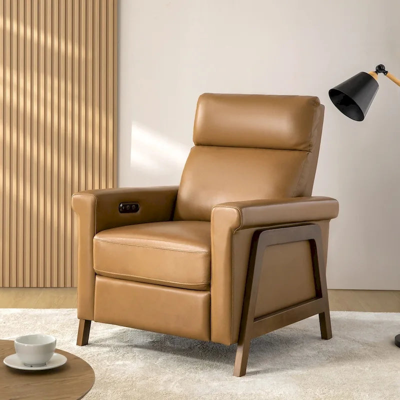 Modern Genuine Leather Power Recliner Chair with Wood Frame and USB