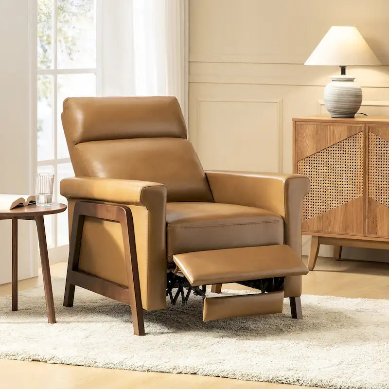Modern Genuine Leather Power Recliner Chair with Wood Frame and USB
