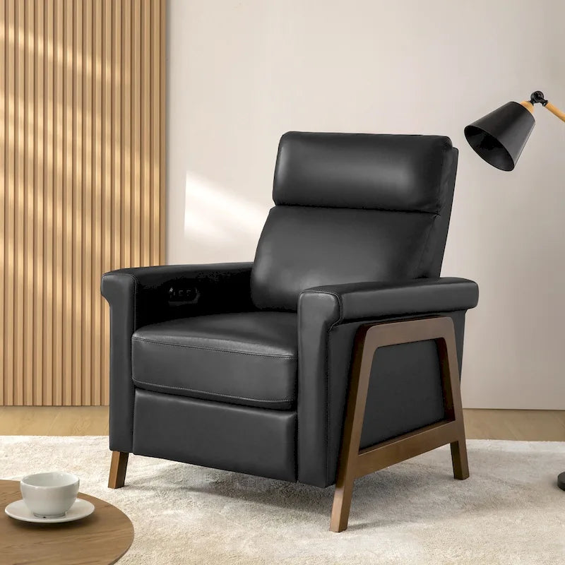 Modern Genuine Leather Power Recliner Chair with Wood Frame and USB