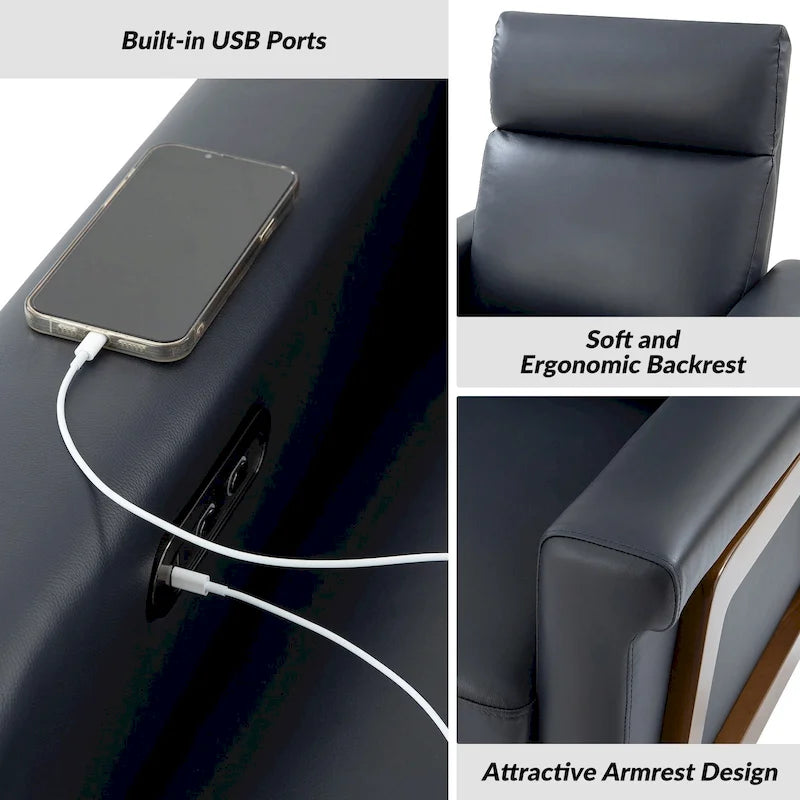 Fauteuil inclinable électrique moderne en cuir véritable avec structure en bois et port USB