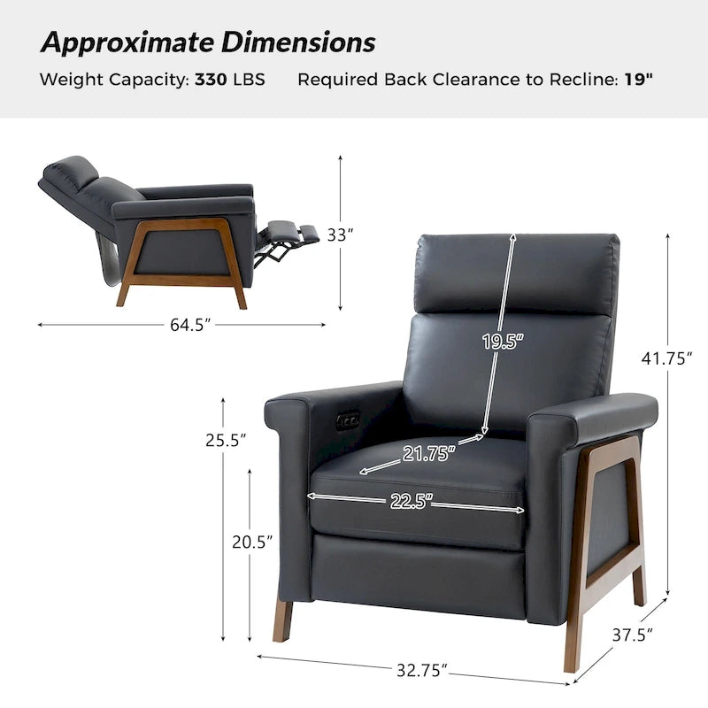 Fauteuil inclinable électrique moderne en cuir véritable avec structure en bois et port USB
