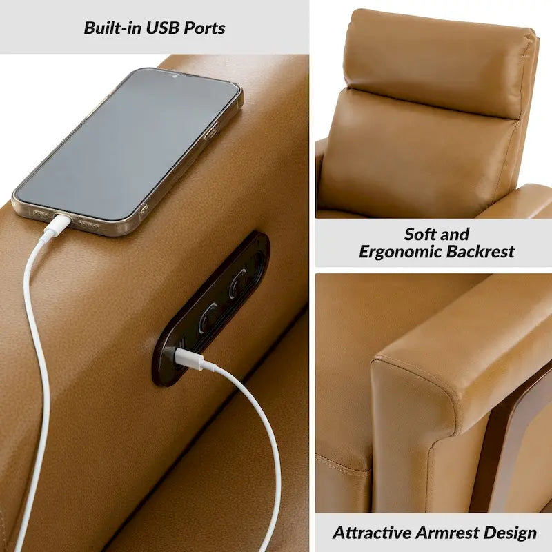 Fauteuil inclinable électrique moderne en cuir véritable avec structure en bois et port USB