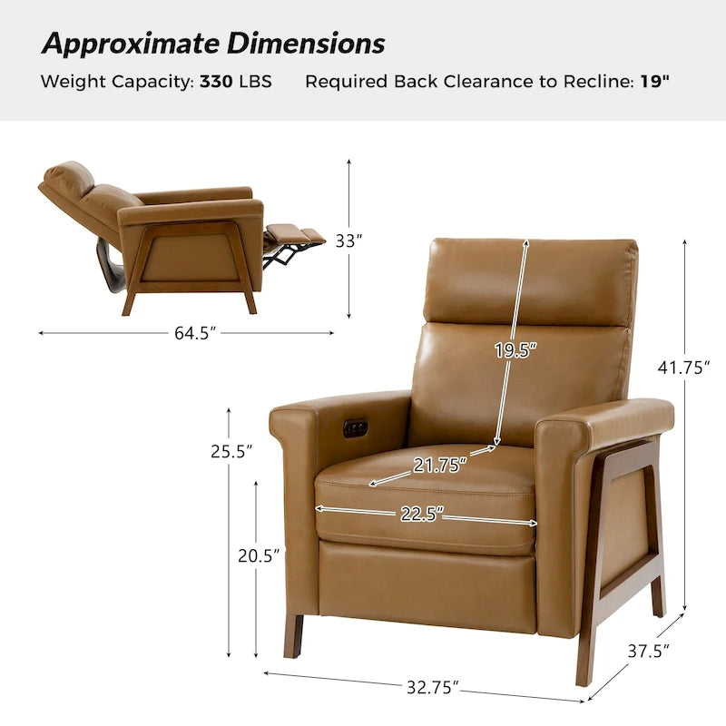 Fauteuil inclinable électrique moderne en cuir véritable avec structure en bois et port USB