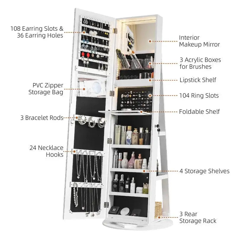 360 Lockable Jewelry Armoire with Full Length Mirror - N/A
