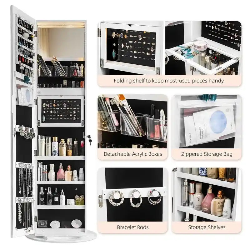 White Freestanding Lockable Jewelry Cabinet with LED Full Length Mirror