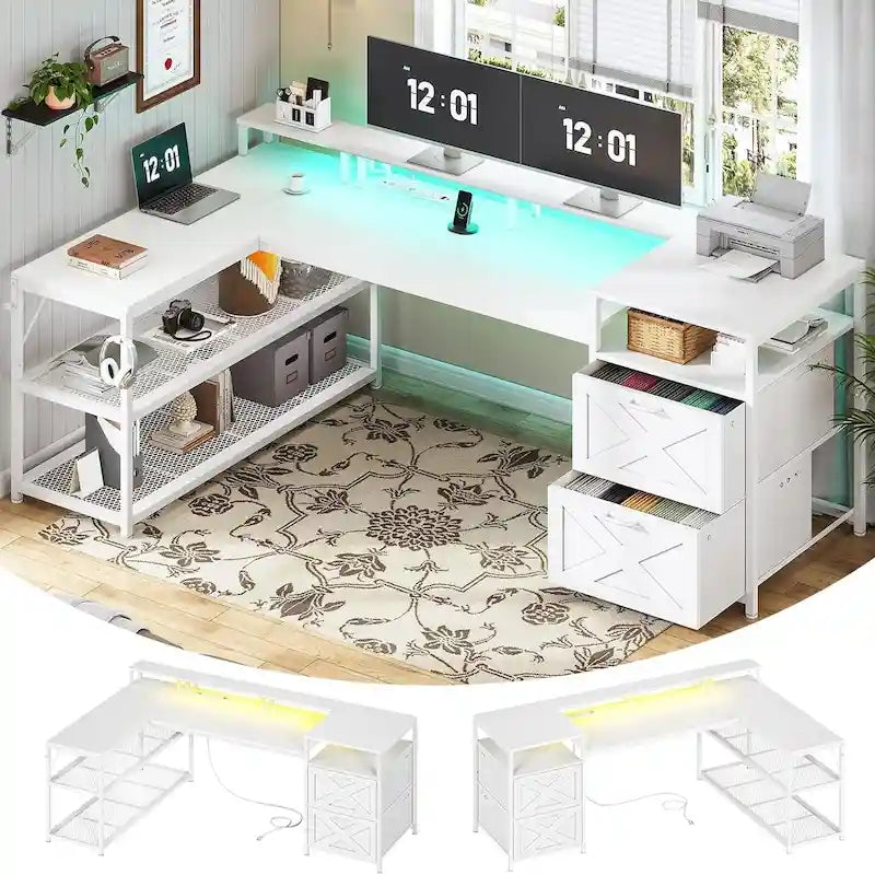 Modern L-Shaped Computer Desk with Drawers, Shelves and LED Lighting