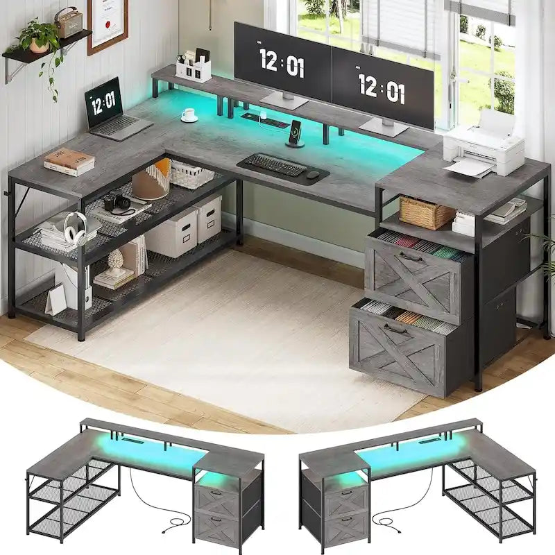 Modern L-Shaped Computer Desk with Drawers, Shelves and LED Lighting