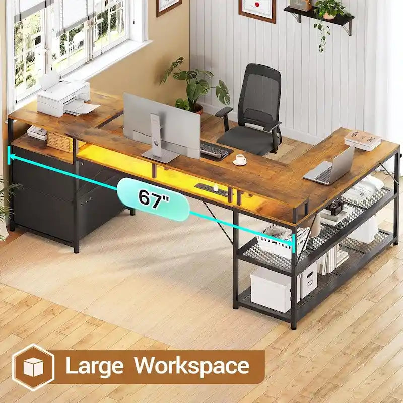 Modern L-Shaped Computer Desk with Drawers, Shelves and LED Lighting