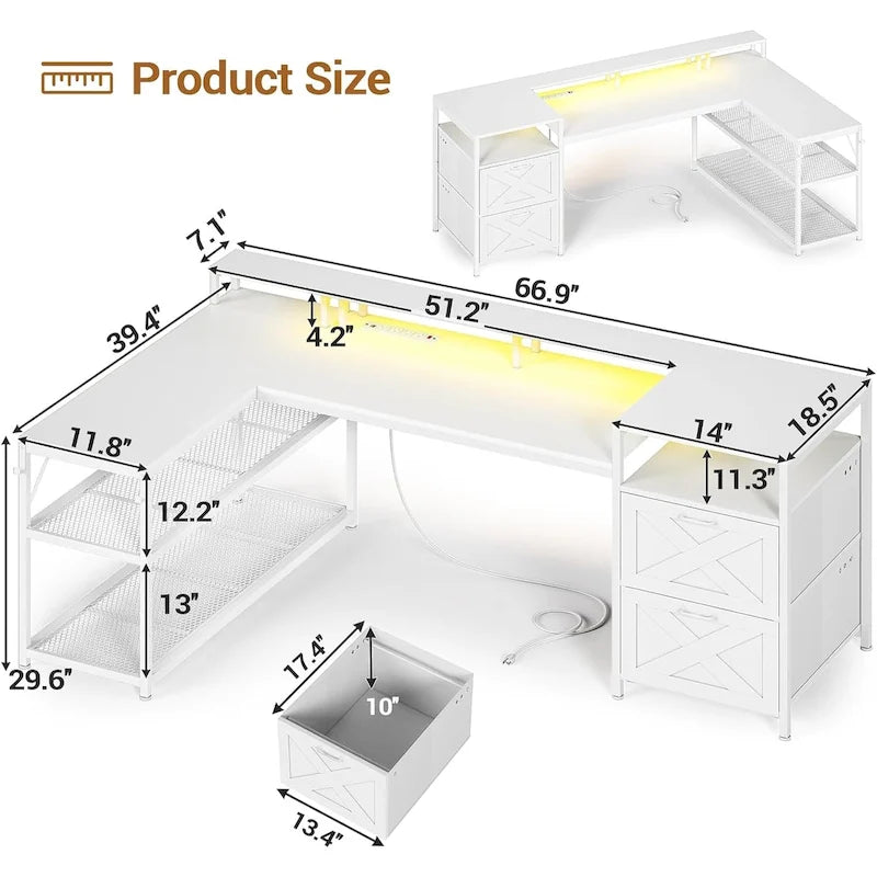 Modern L-Shaped Computer Desk with Drawers, Shelves and LED Lighting