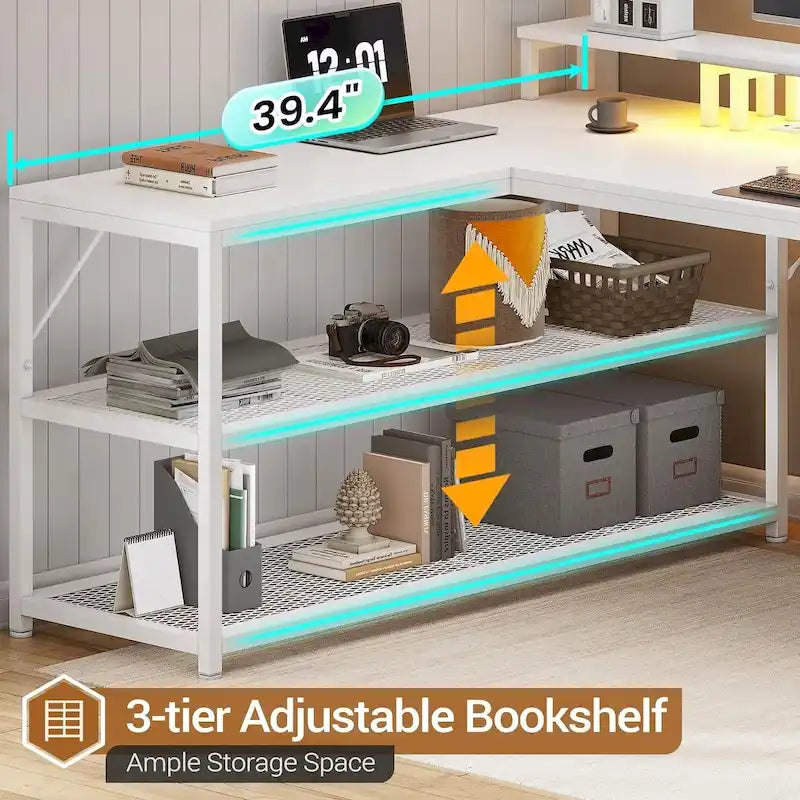 Modern L-Shaped Computer Desk with Drawers, Shelves and LED Lighting