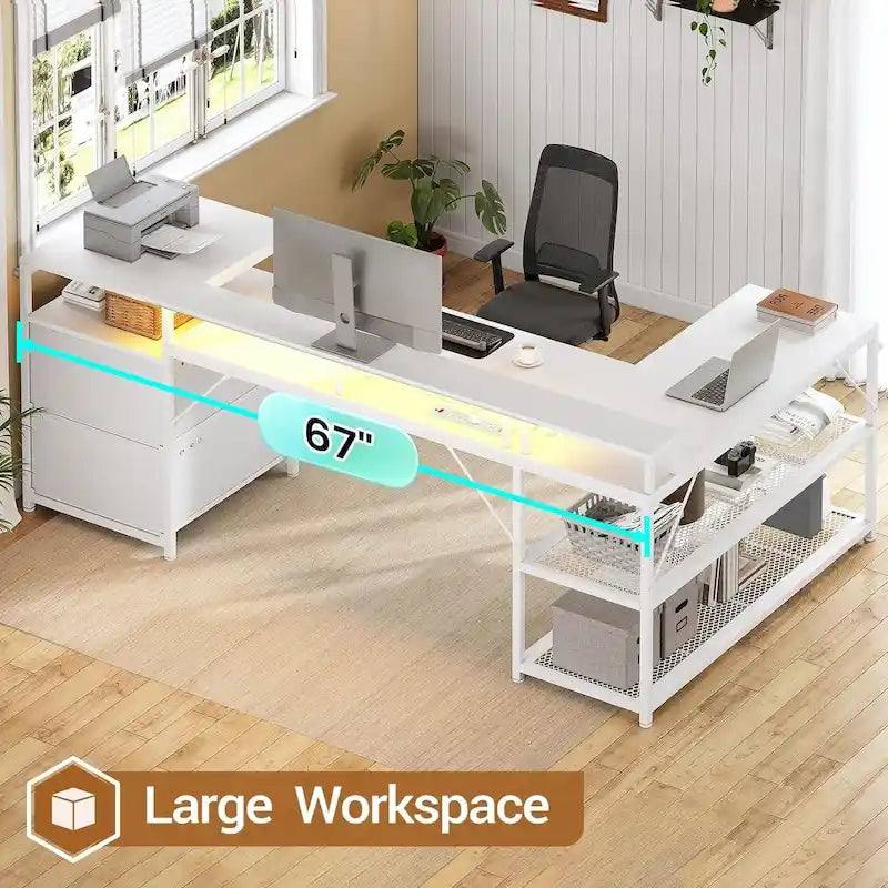 Modern L-Shaped Computer Desk with Drawers, Shelves and LED Lighting
